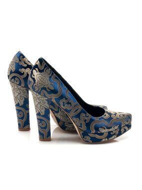 New Jacquard Satin & Genuine Leather Platform Heel Pumps NYC Designer Handmade